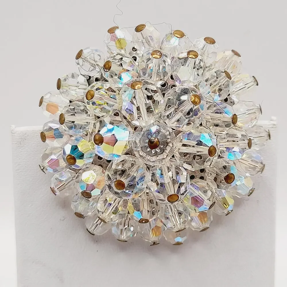 Vintage AB Crystal Beaded Brooch Clear Aurora Borealis Round 2 Inch 1960s